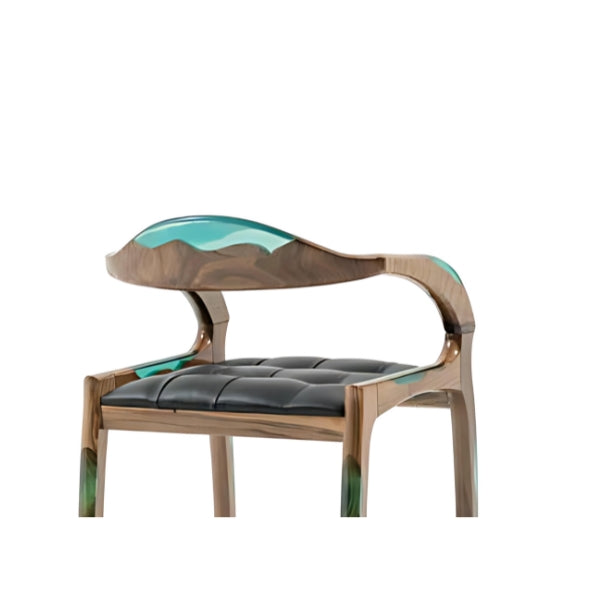 Unique Wooden Armchair with Turquoise Epoxy and Black Leather