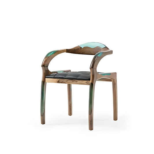 Unique Wooden Armchair with Turquoise Epoxy and Black Leather