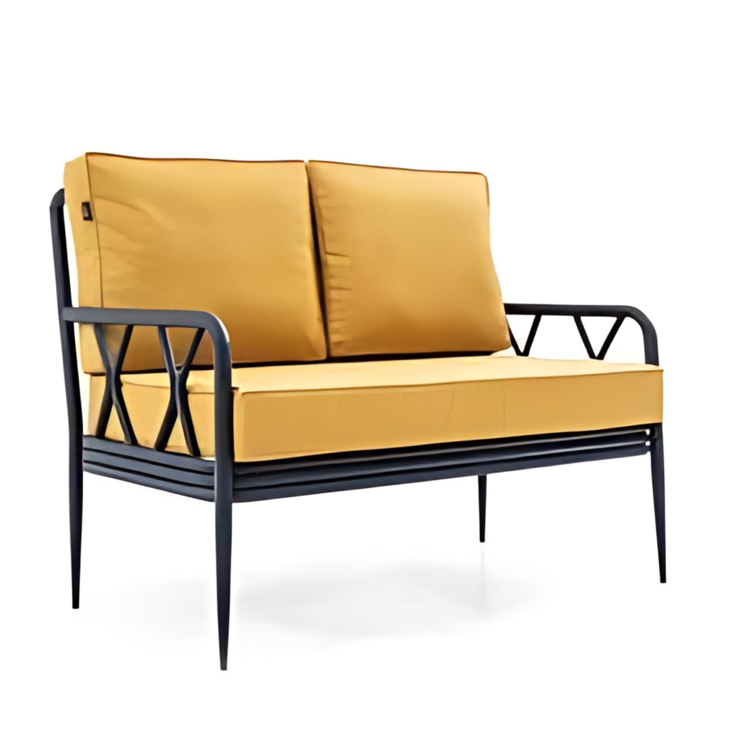 Vibrant Outdoor Bliss: The Yellow Cushioned Sofa with Stylish Metal Frame