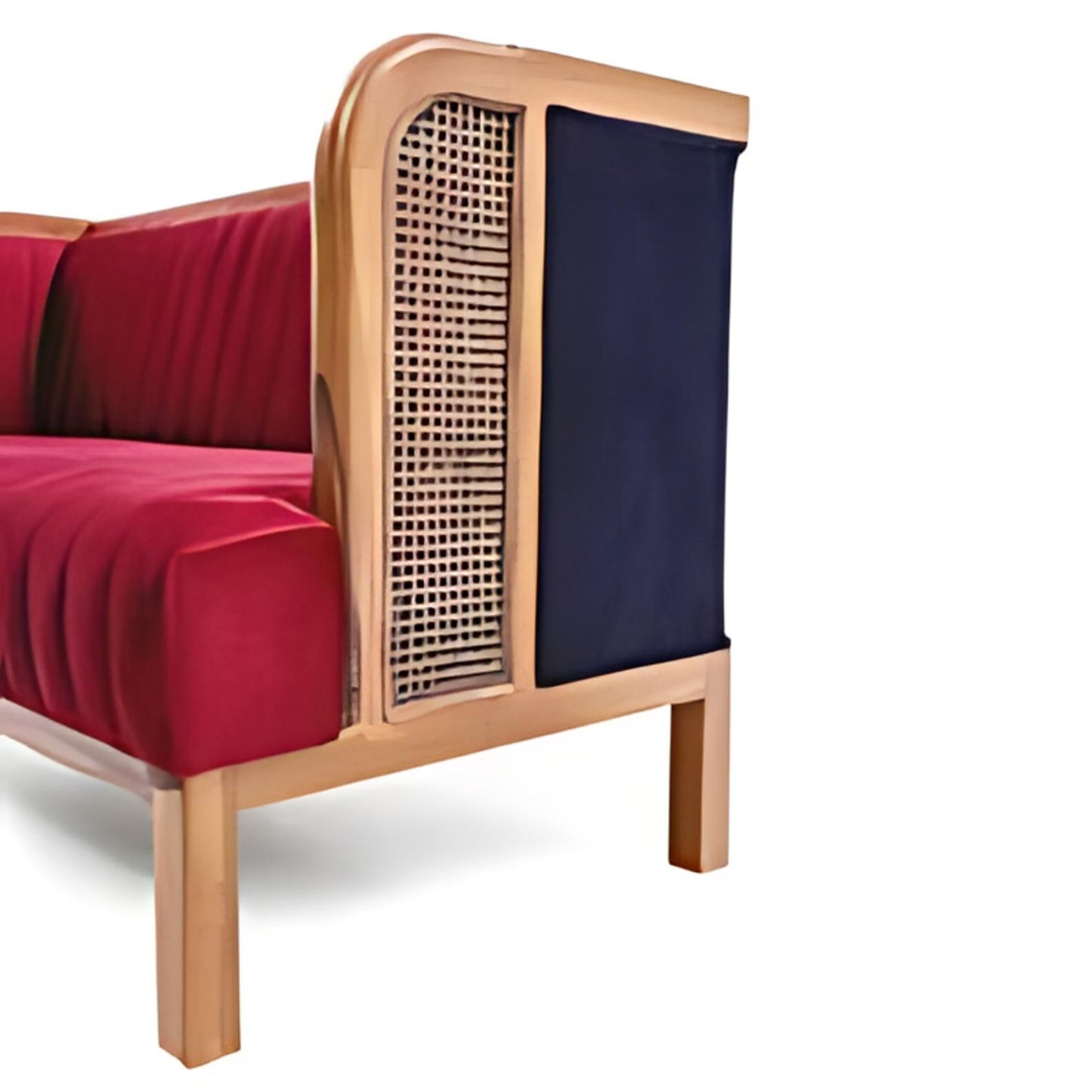 Vibrant Fusion: The Red Ribbed Sofa with Wooden and Woven Accents