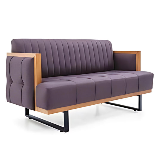 Contemporary Elegance: The Purple Tufted Sofa with Wooden and Metal Accents