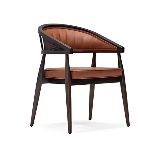 Contemporary Brown Upholstered Armchair with Rattan Back and Dark Wood Frame