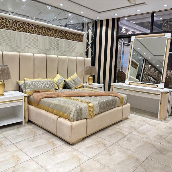 Modern Royal Bed with Mirrored Dresser and Statement Wall Art