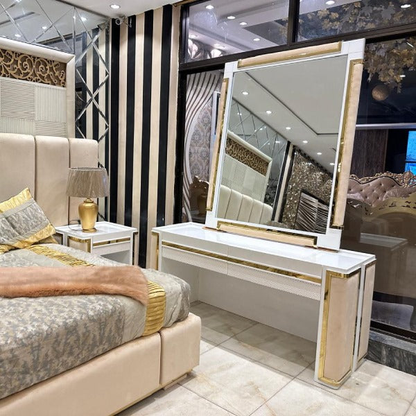 Modern Royal Bed with Mirrored Dresser and Statement Wall Art