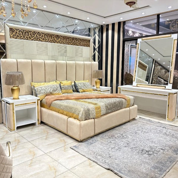 Modern Royal Bed with Mirrored Dresser and Statement Wall Art