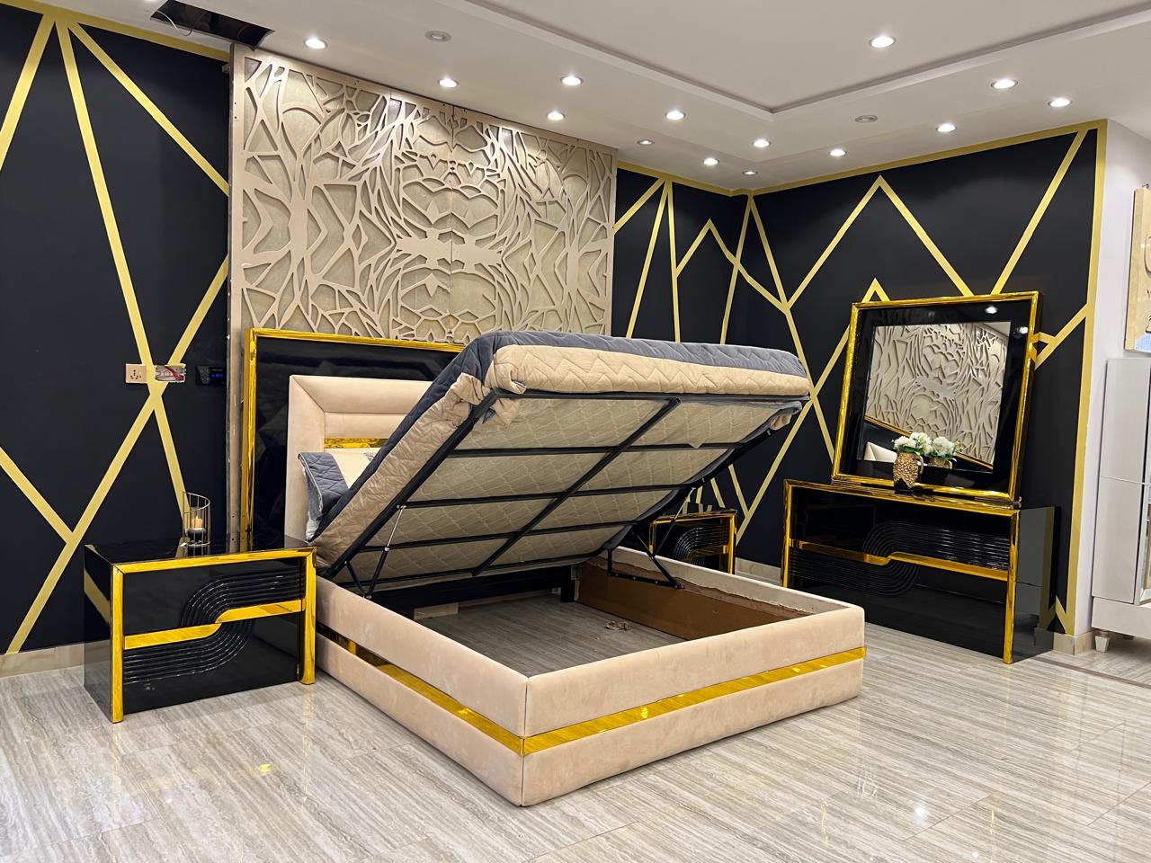 Art Deco Bedroom Suite with Bold Geometric Patterns and Gold Trim