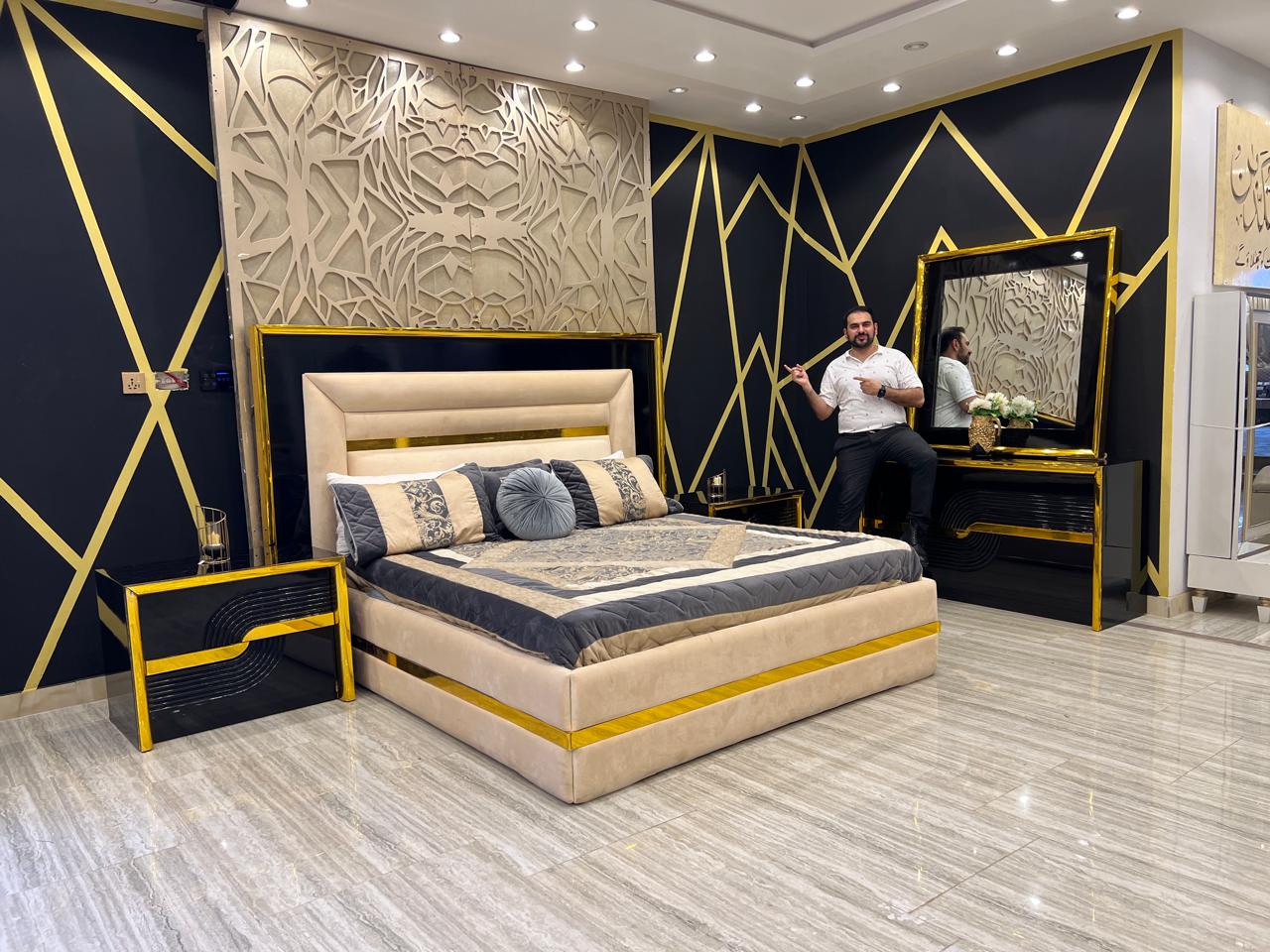 Art Deco Bedroom Suite with Bold Geometric Patterns and Gold Trim