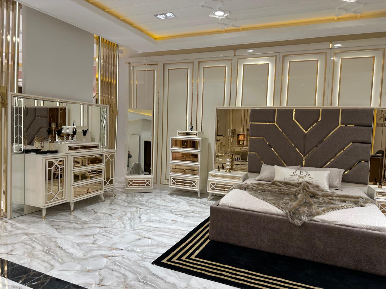 Geometric Elegance Bedroom Suite with Mirrored Accents and Marble Finish