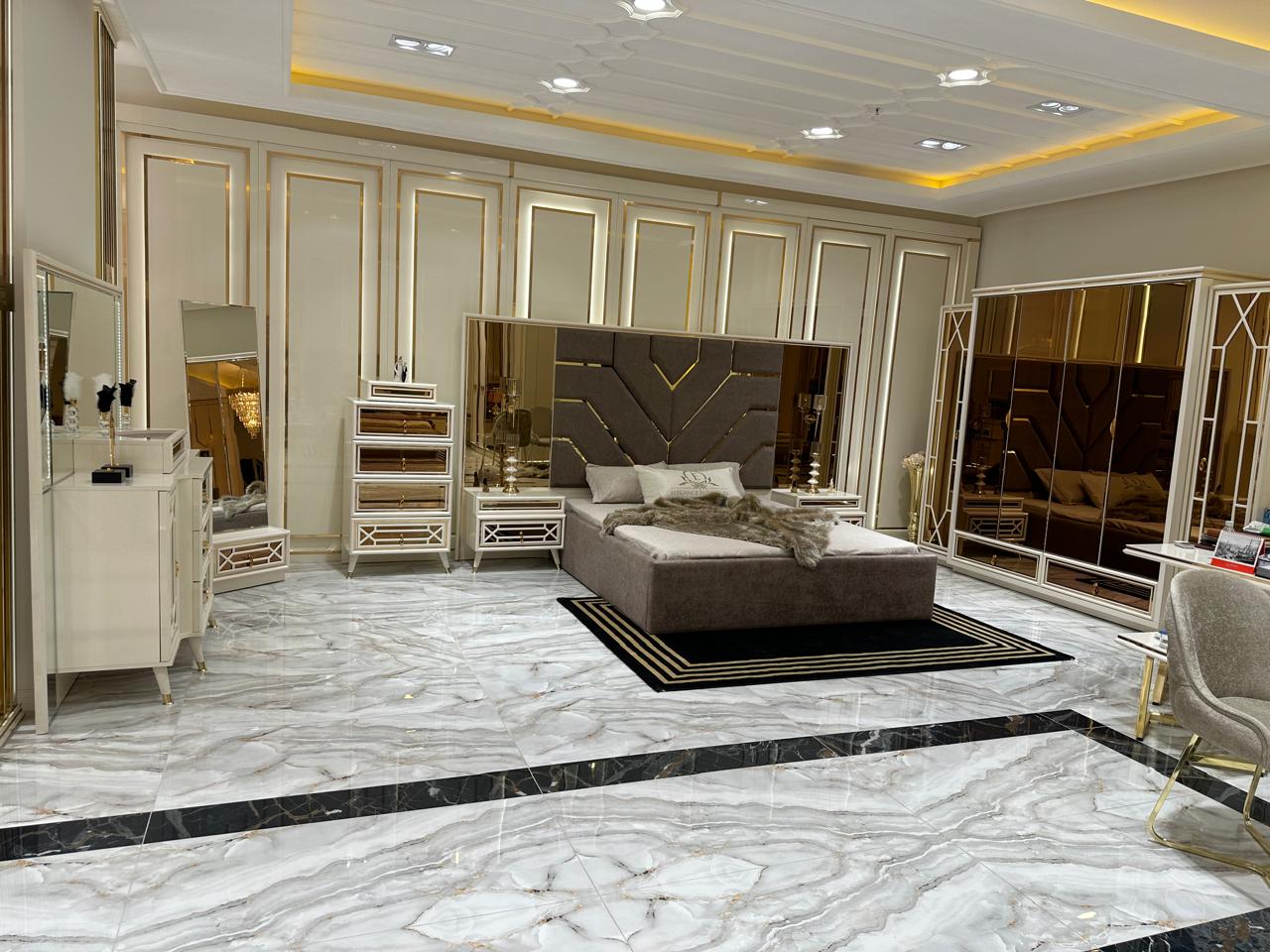 Geometric Elegance Bedroom Suite with Mirrored Accents and Marble Finish