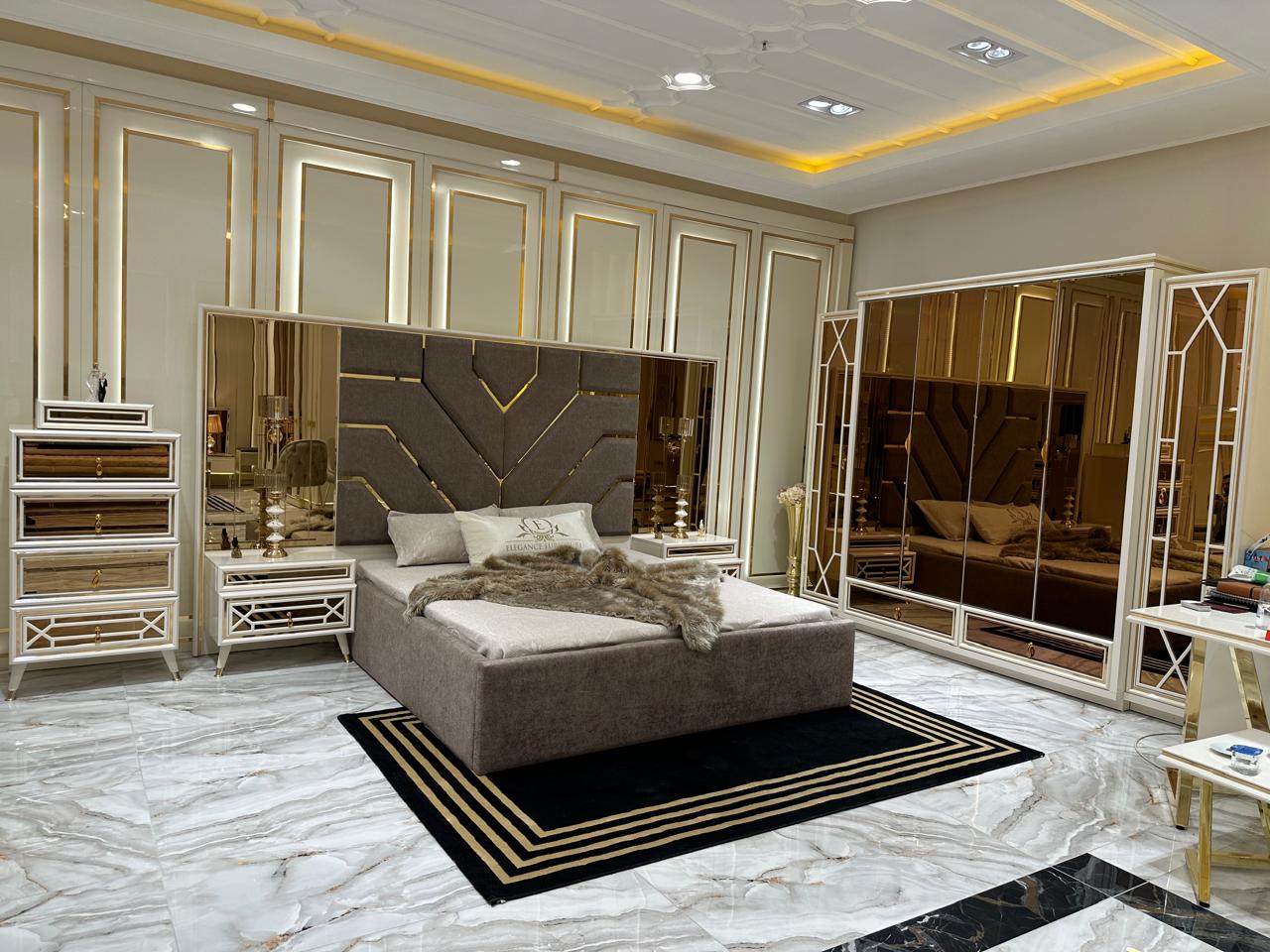 Geometric Elegance Bedroom Suite with Mirrored Accents and Marble Finish