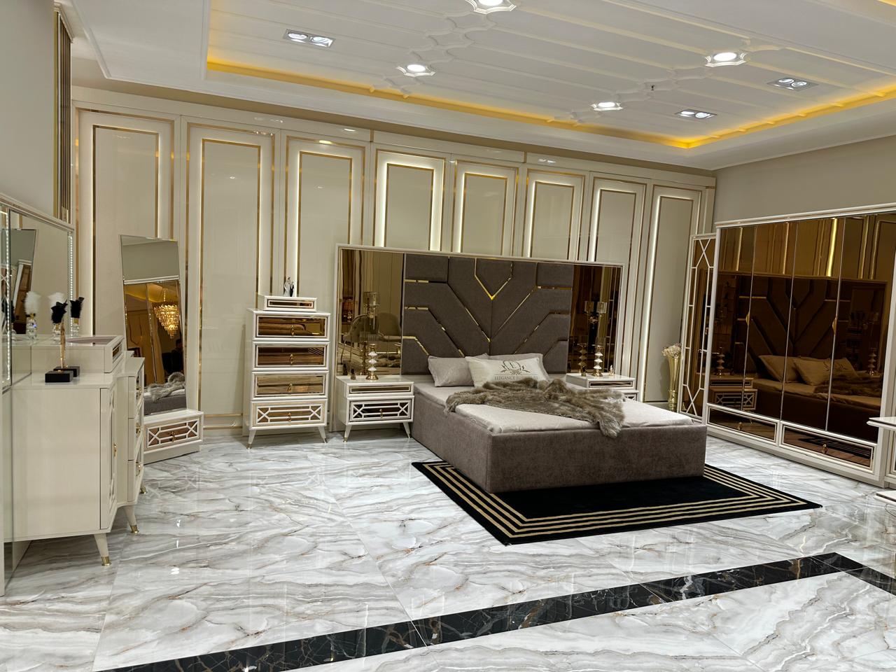 Geometric Elegance Bedroom Suite with Mirrored Accents and Marble Finish