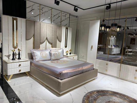 Elegant Modern Bedroom Suite with Luxurious Textures and Gold Accents