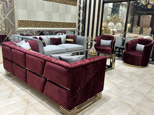 Luxurious Modern Living Room Sofa Set with Rich Burgundy and Gold Accents