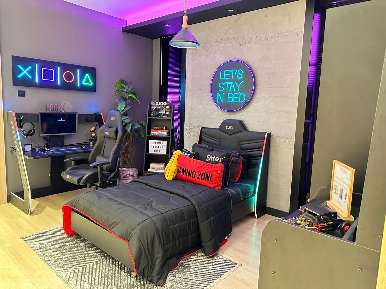 Ultimate Gamer's Bedroom Suite with Neon Decor and Ergonomic Setup